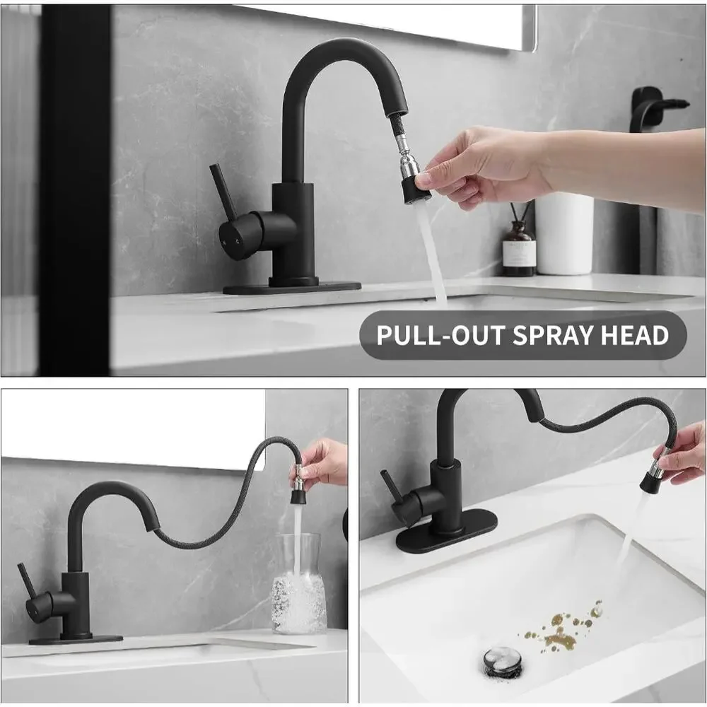Black Sink Faucet Pull-Out Sprayer Pop-Up Drain 360° Swivel Deck Plate, New/OB